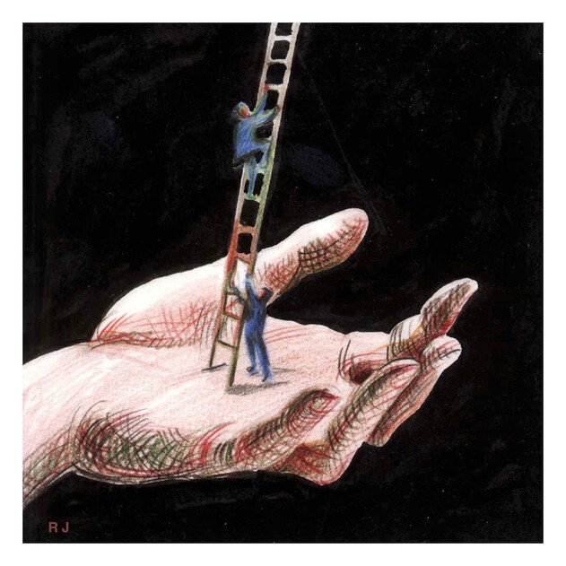 Two Men Climbing a Ladder on God's Hand - 16" x 16" - Gallery Wrap - Product view