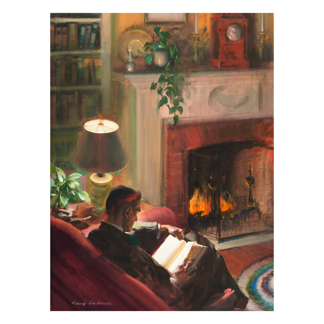 Man Reading Bible by Fireplace - 18" x 24" - Gallery Wrap - Product view