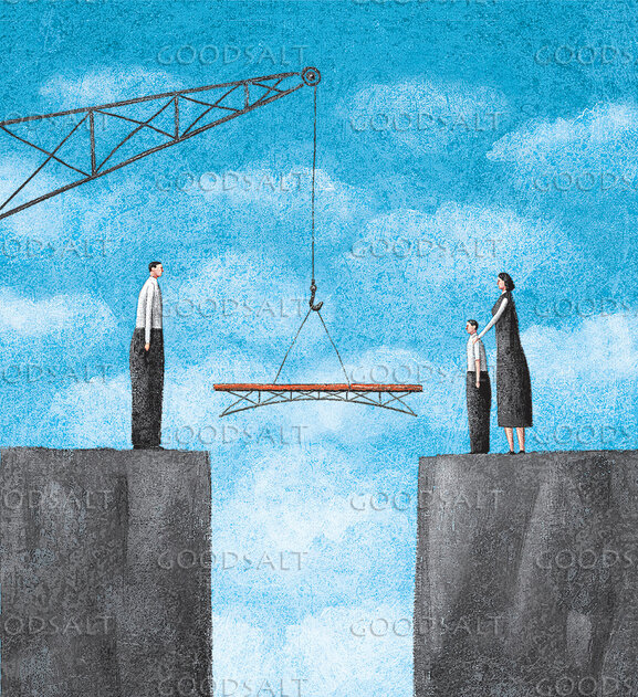 Bridge Suspended From Crane between People 