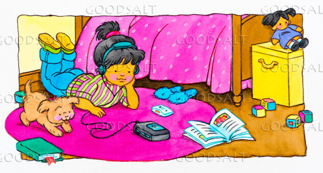 Little Girl in Room, Listening to Portable Tape Player