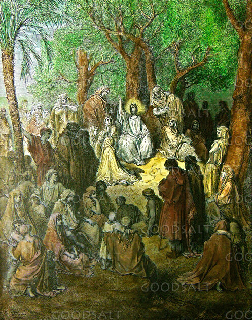 Jesus preach teach crowd hillside mount sermon hand lifted