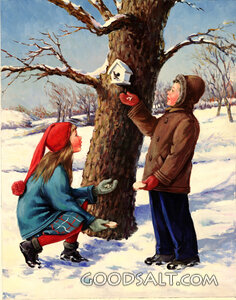 Boy and Girl in Snow at Bird House