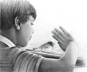 Boy Looking Out Window at Bird