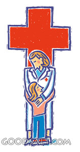 Child and Docotr in Front of Red Cross