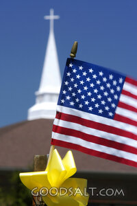 American Flag and Church Steeple