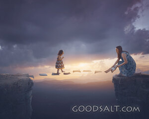 Daughter walking across cliff on Bible pages