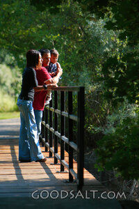 Happy family walking across bridge in park in summer.