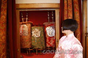 IDAHO. Boise. Asian Jewish girl looking at Torah in ark. MR