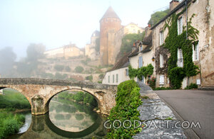 Misty Village Bridge Below the Castle