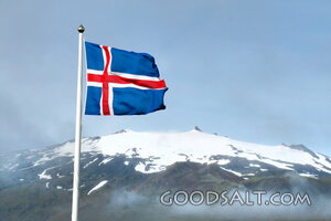 Icelandic Cross Flag Over Mountain Peaks