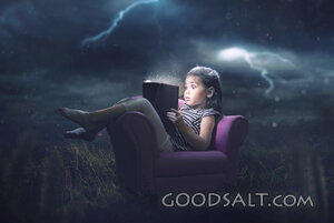 Little Girl Reading in Storm