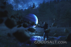 Man collecting rocks around a planet