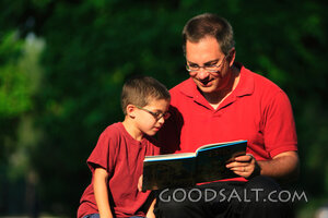 Man reading storybook to little boy in park in summer.