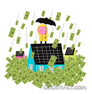 Man Standing on a House Raining Money