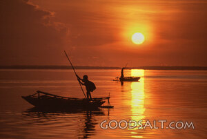 People Poling Outrigger Dugouts at Kaisiga, Trobriands