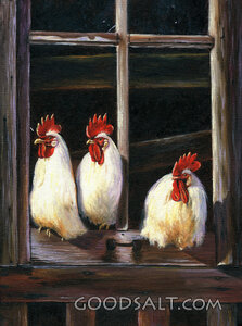 Roosters at the Barn Window