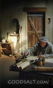 Scribe Writing on a Scroll in a Workshop