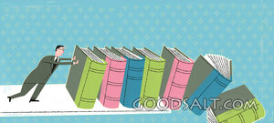 Small Man Pushing Books Off Shelf