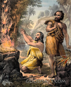 Cain jealous and angry because God accepts blood sacrifice on altar