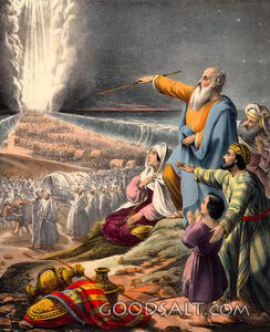 Moses lifts rod of God parts Red Sea for Children of Israel