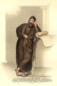 Prophet Isaiah standing planning thinking scroll