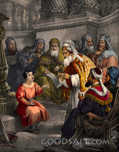 Boy young man Jesus in temple at age twelve with doctors of law