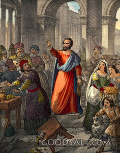 Jesus cleanses temple whip money changers tables dishonest