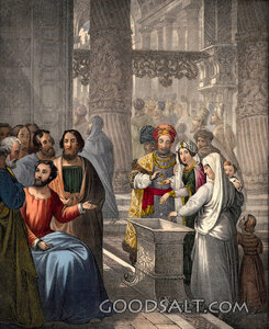 Jesus widows mite temple Jerusalem Pharisees watch disciples listen learn