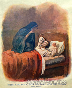 man in bed sleeping bad dreams guilty conscience bothering him no peace to wicked