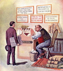 Modern Business young man desk office work selfishness signs on wall covetousness ten commandments pig face cheat