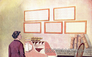 Business young man desk office work blank signs on wall 