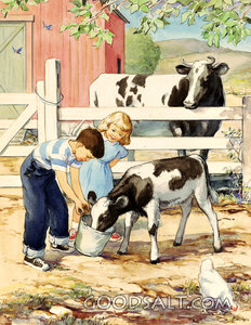 Two Children Feeding Calf
