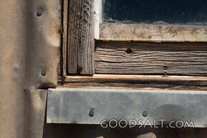 weathered window on shearing shed