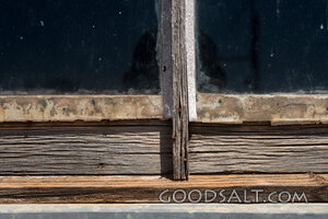 weathered window on shearing shed