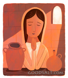 Woman Praying With Food Jugs