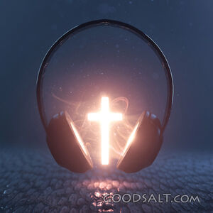 A glowing cross and headphones