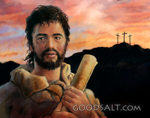 Apostle Holding Scroll and Three Crosses