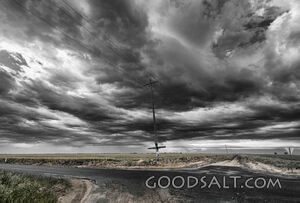 B&W/colour Crucifixion Scene Beside Road