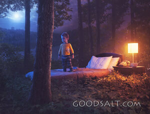 Child in bedroom in forest