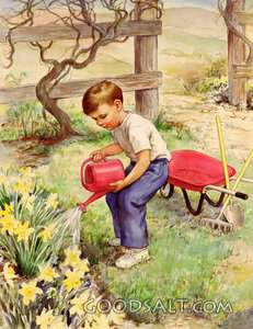 Child Watering Flower Garden