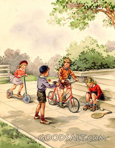Children Playing with Bicycle and Scooter