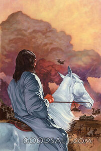 Jesus watching the destruction of the world due to war.