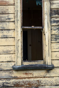 close-up of decayed window on old shed