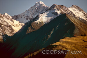 Close up on snow-covered peaks.