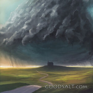 Digital illustration of a large storm over a church