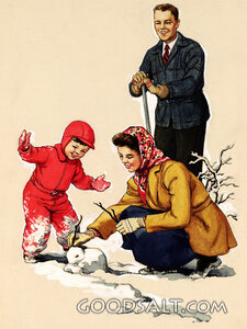 Family in Snow Making Rabbit