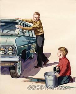 Father and Boy Washing Car