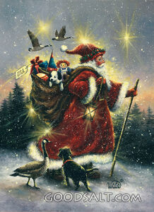 Santa Claus in the snow with his bag of gifts.