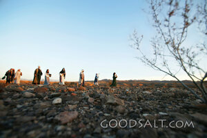 Group of Isrealites Walking Through a Rocky Desert