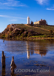 Historic inland lake lighthouse on hill over looking shallow water.